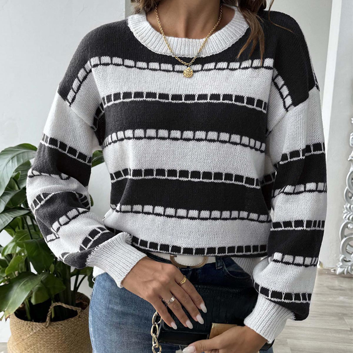 Isabella Striped Contrast Panel Drop Shoulder Sweater - view 3