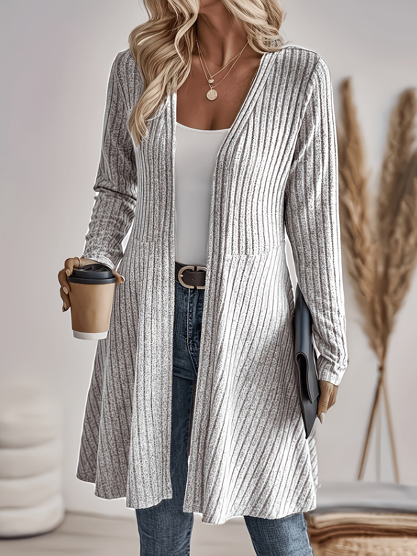 Femke Ribbed Open Front Longline Cardigan - front view