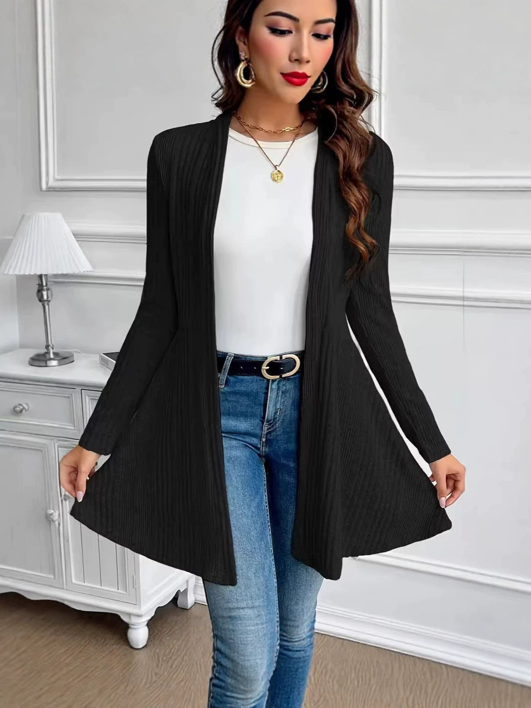 Maja Ribbed Peplum Open Front Cardigan - front view