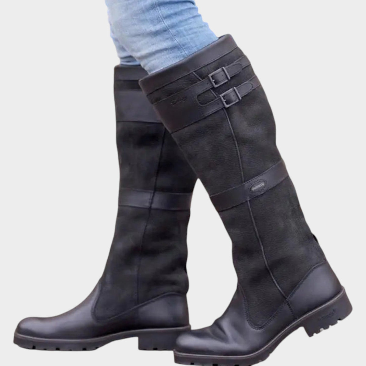 Women's Leather Knee High Boots with Buckle Detail