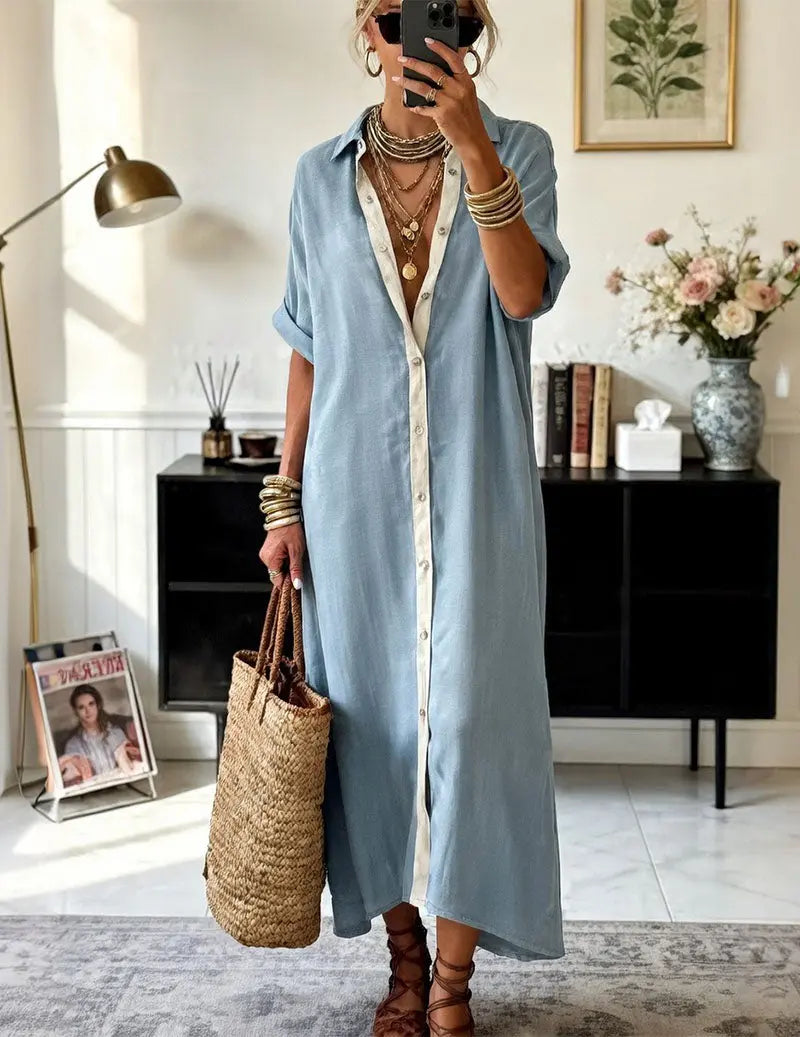 Odette Button-Down Shirt Midi Dress with Pockets - view 5