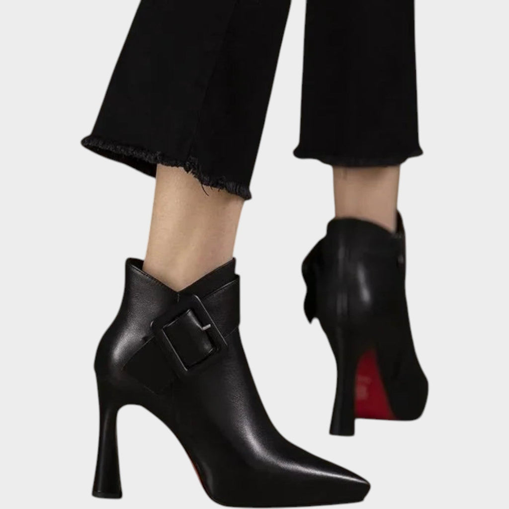 Women's Leather Ankle Boots High Heel Buckle Detail