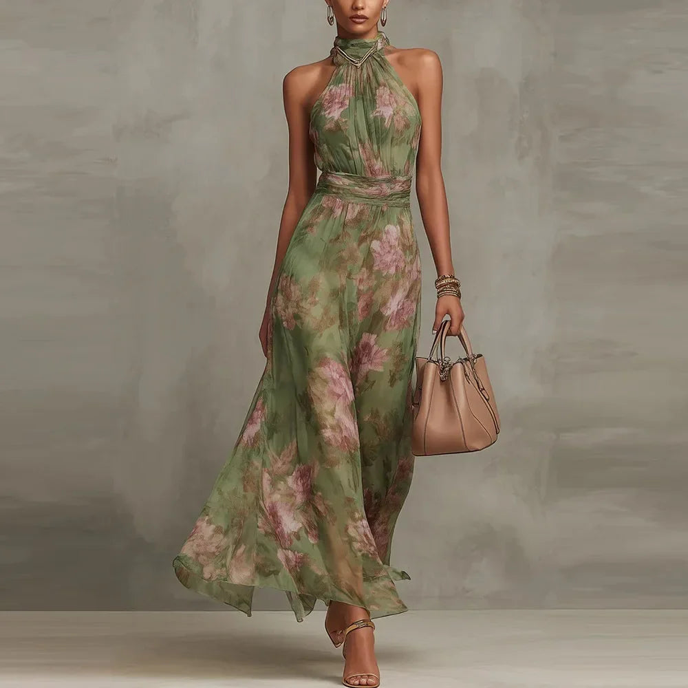 Women's Floral Halter Neck Maxi Dress