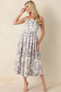 Vivienne Strapless Pleated Print Midi Dress - front view