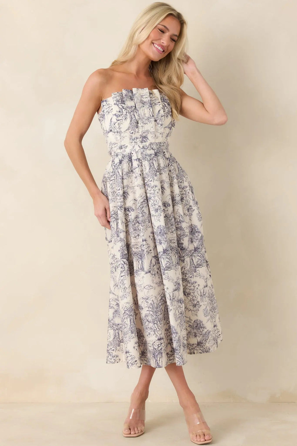 Vivienne Strapless Pleated Print Midi Dress - view 3