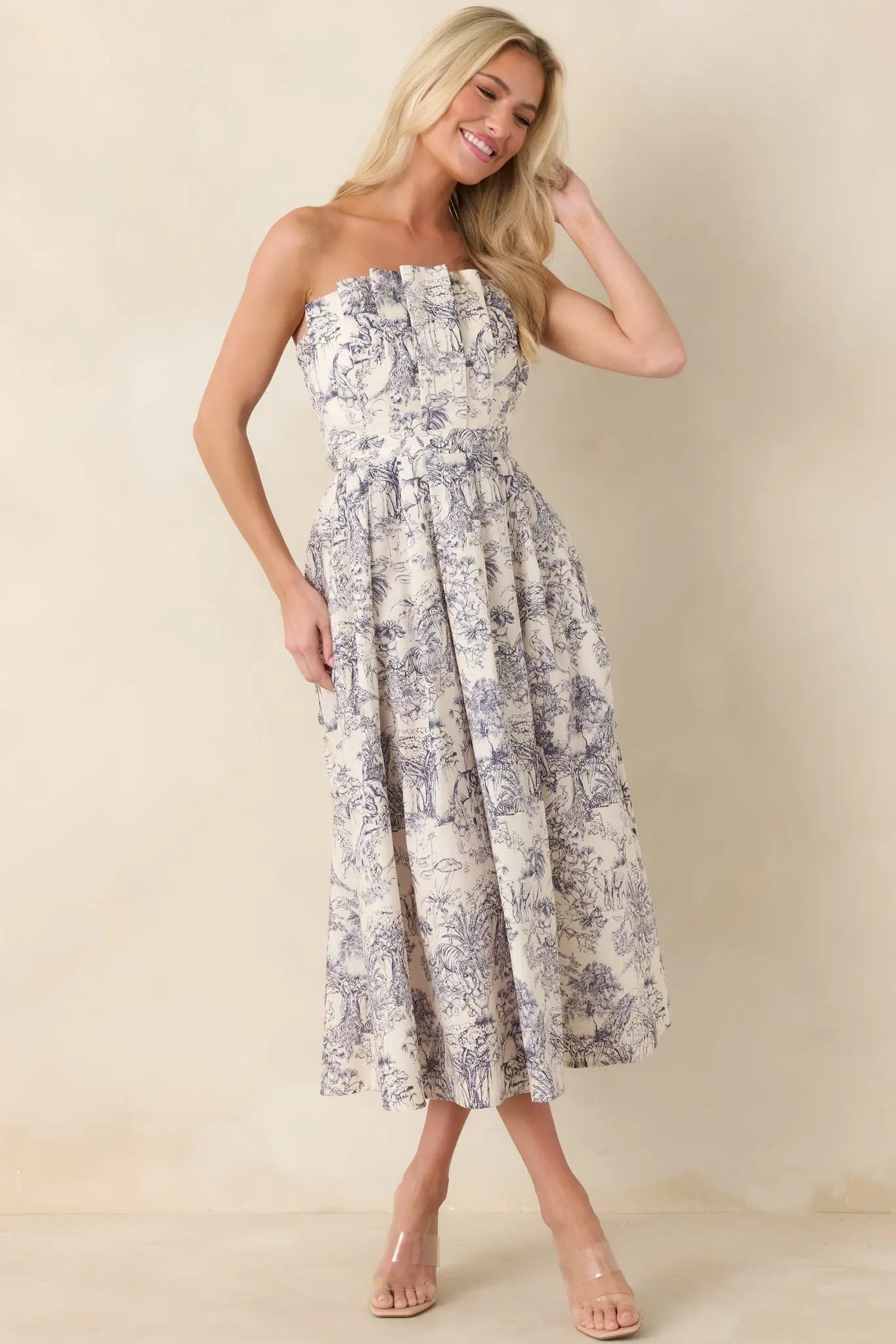 Vivienne Strapless Pleated Print Midi Dress - view 3