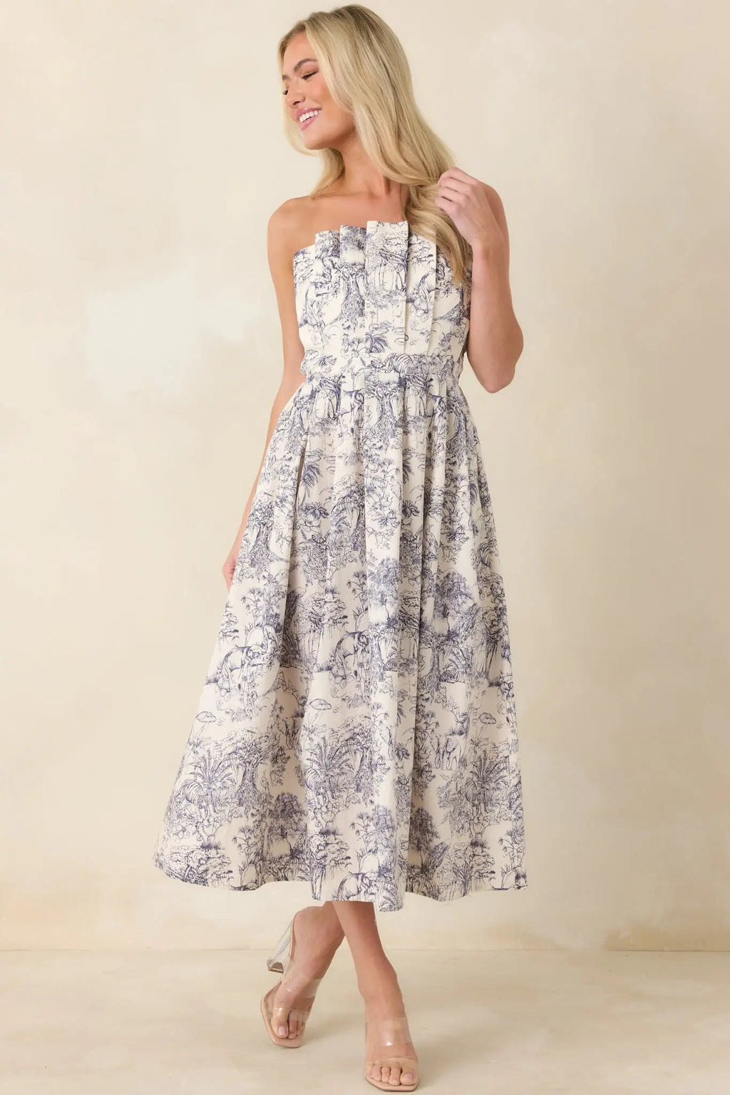 Vivienne Strapless Pleated Print Midi Dress - view 4