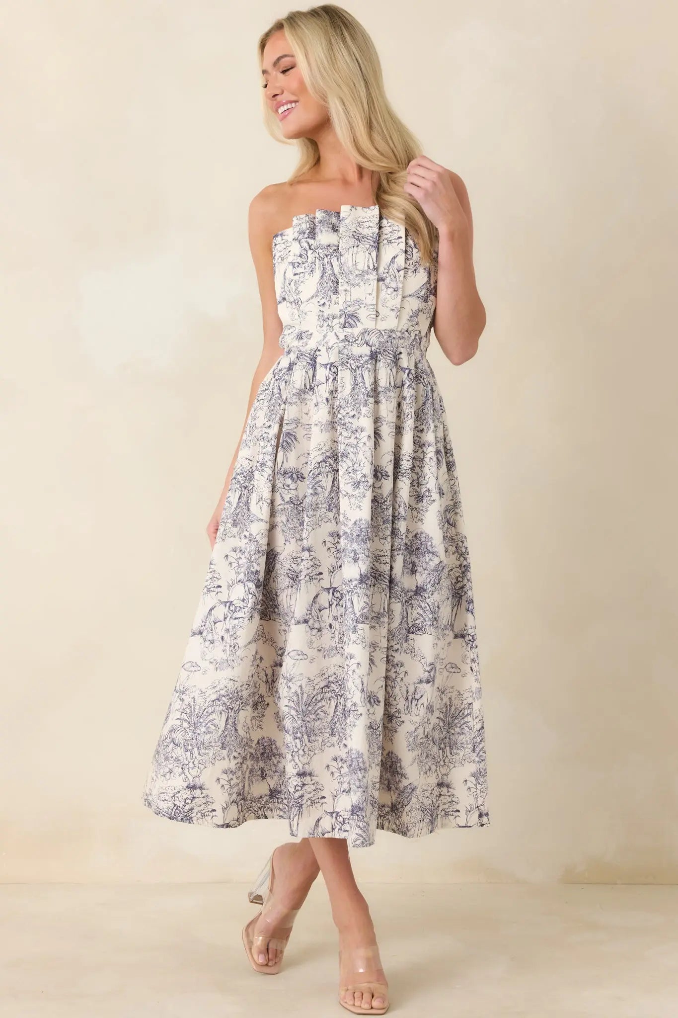 Vivienne Strapless Pleated Print Midi Dress - view 4
