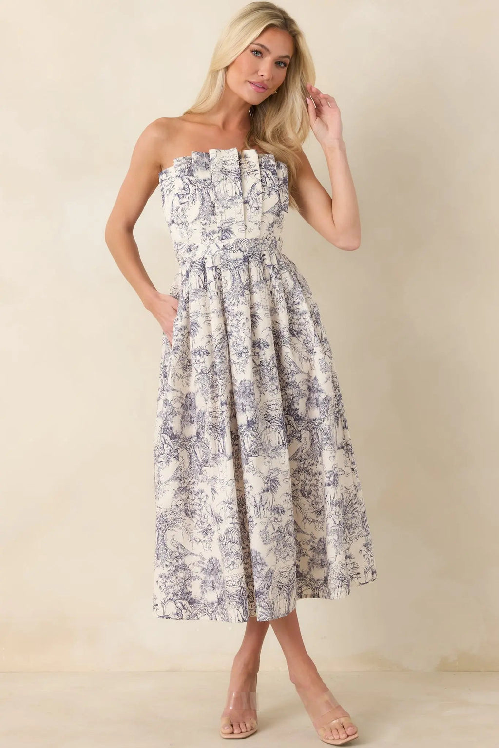 Vivienne Strapless Pleated Print Midi Dress - view 5