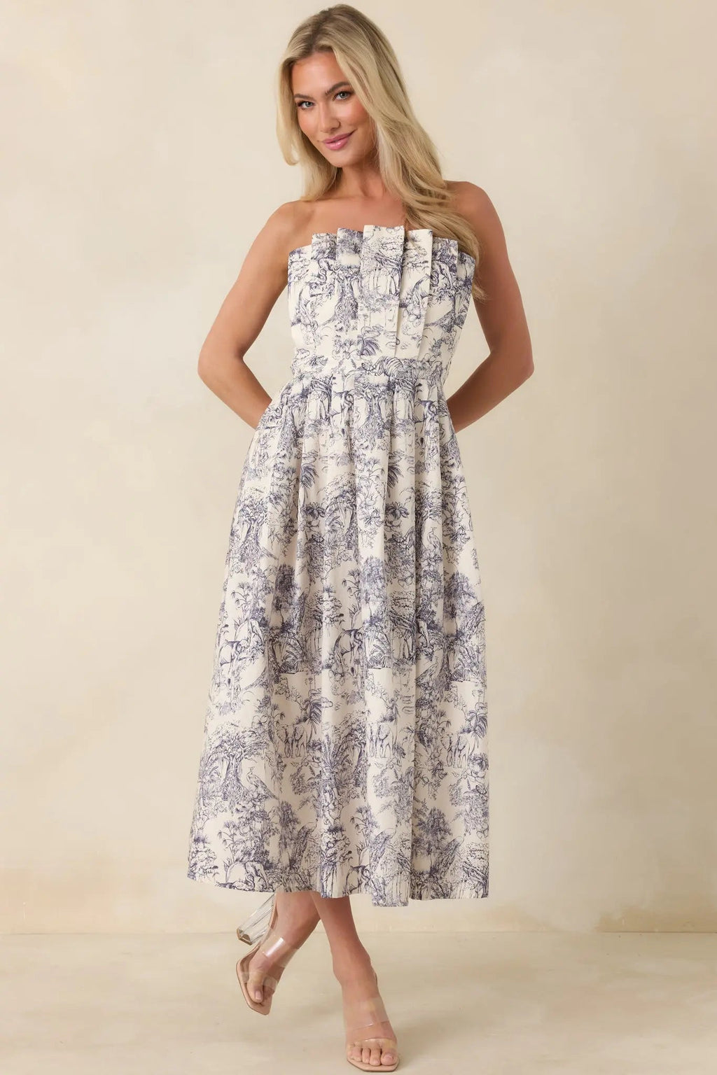 Vivienne Strapless Pleated Print Midi Dress - view 6