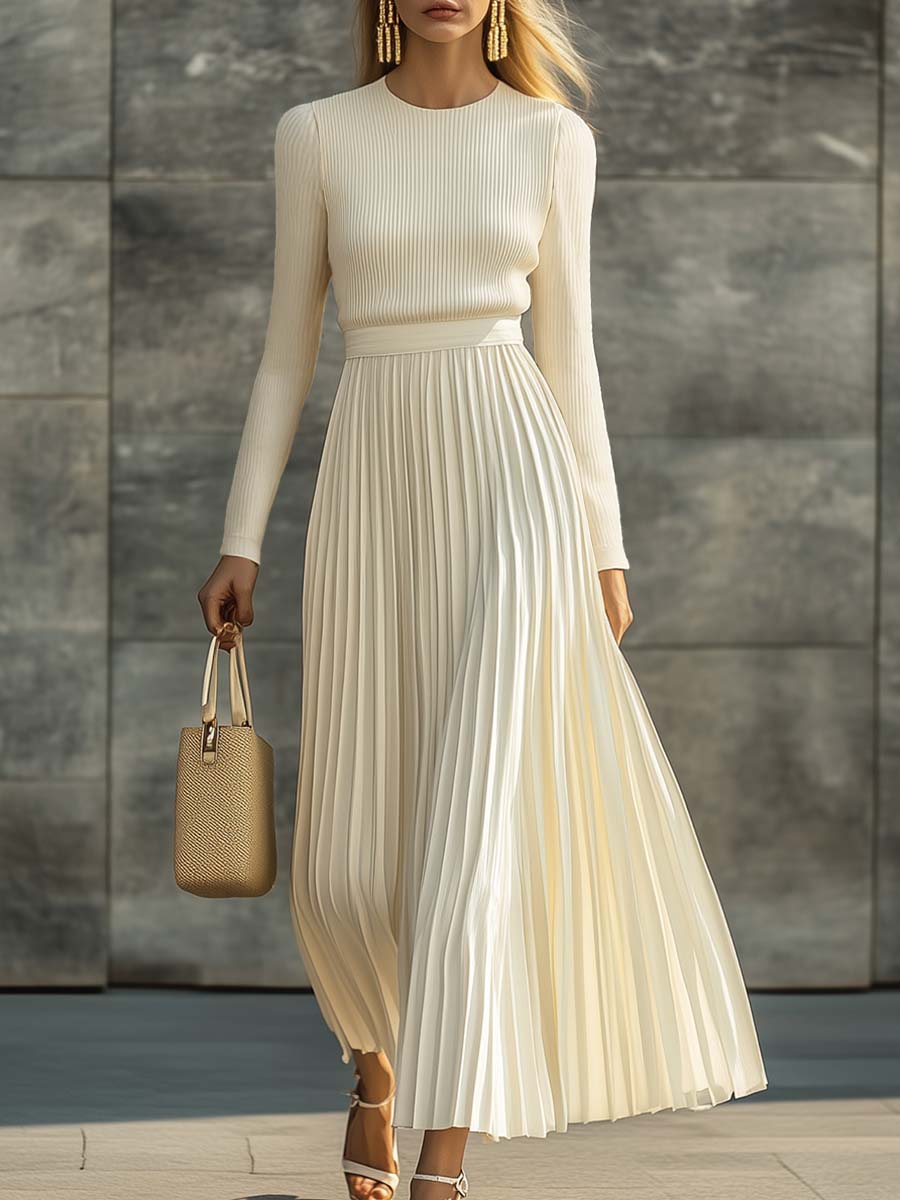 Leonie Pleated Ribbed Bodice Midi Dress - front view