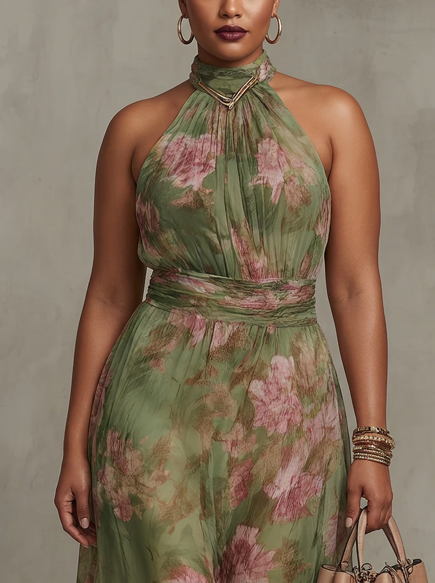 Amity | Green Floral Chiffon Halter Maxi Dress