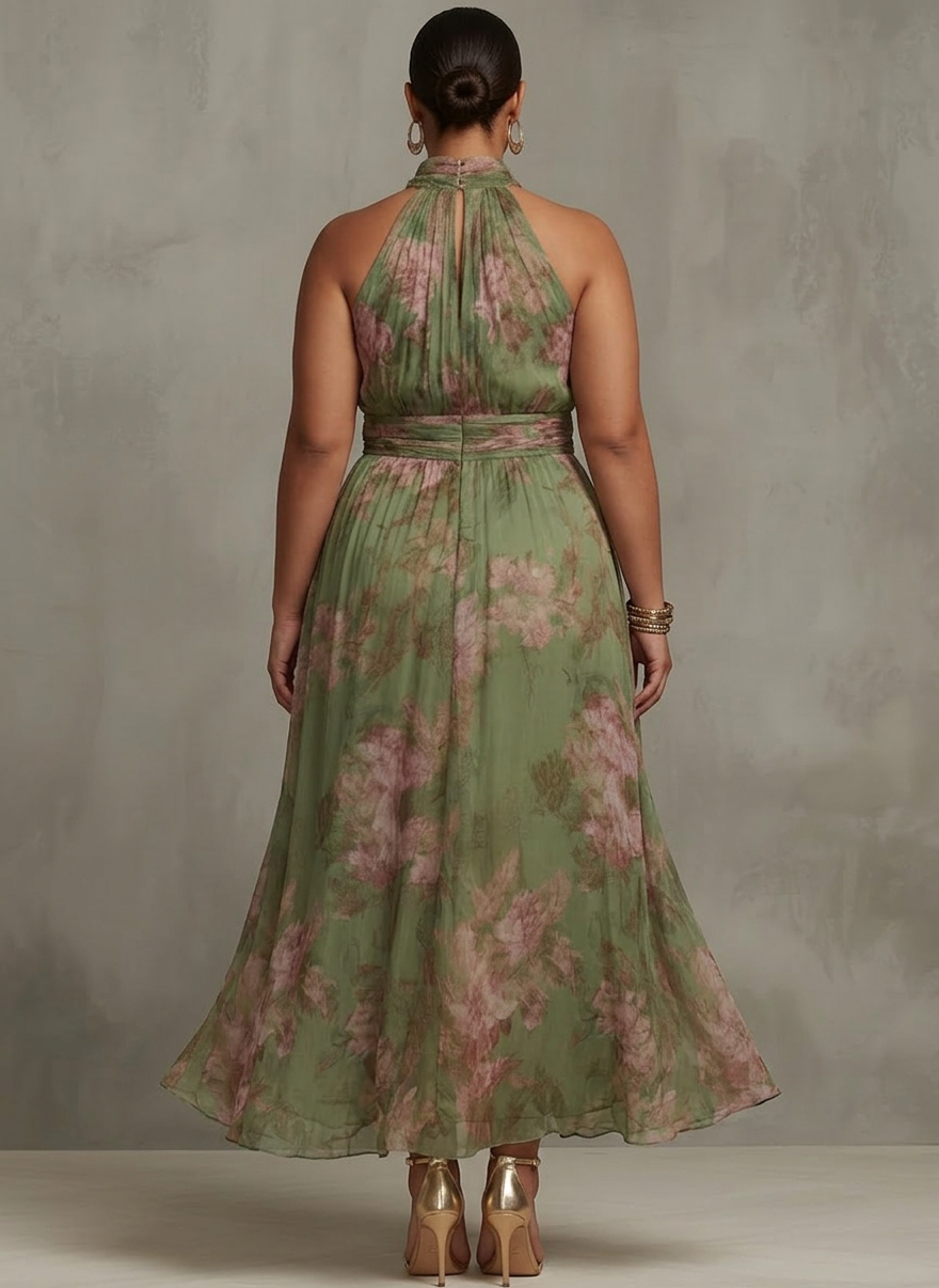 Amity | Green Floral Chiffon Halter Maxi Dress