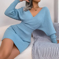 Women's Knitted V-Neck Dress with Long Sleeves