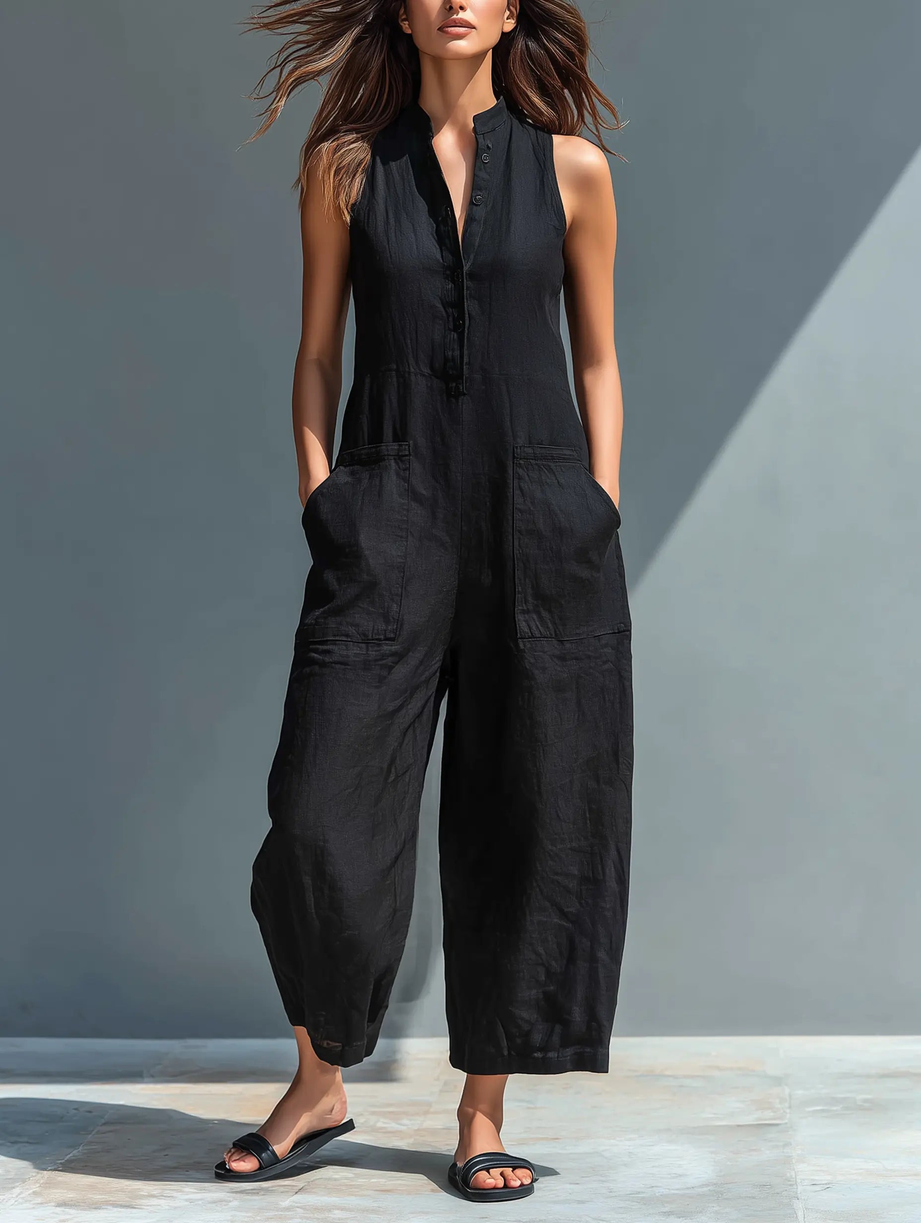 Briony Button-Up Sleeveless Jumpsuit - front view