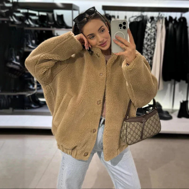 Adelaide – Teddy Faux Fur Coat with Drop Shoulder Drape for Women – view 3