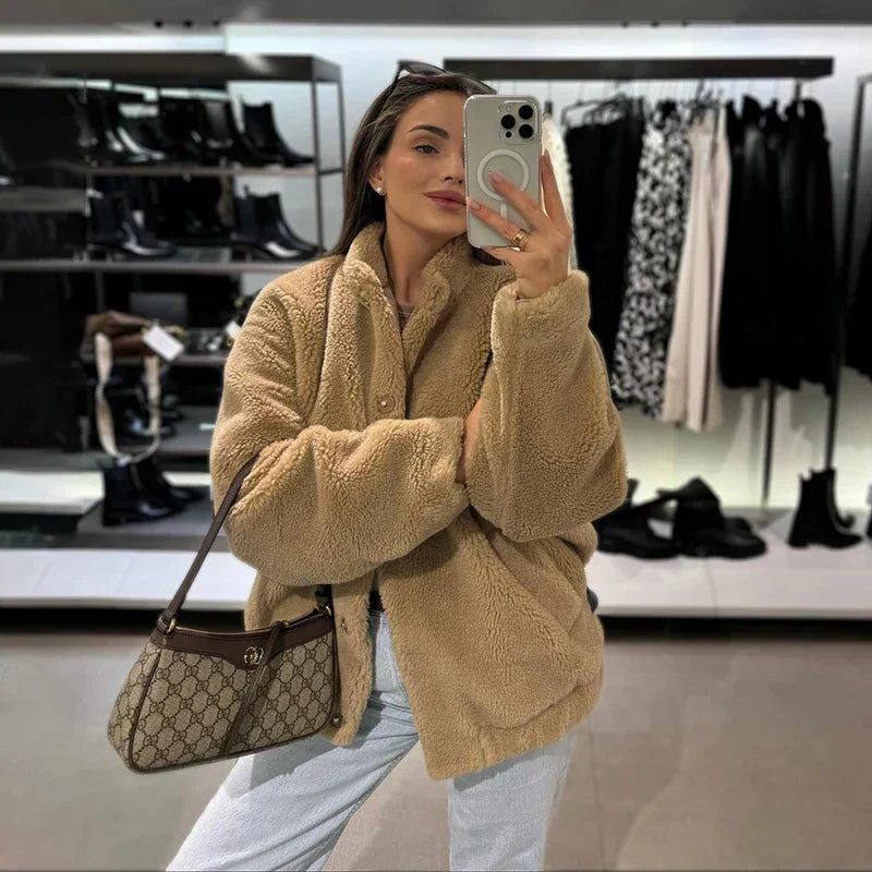 Adelaide – Teddy Faux Fur Coat with Drop Shoulder Drape for Women – view 4