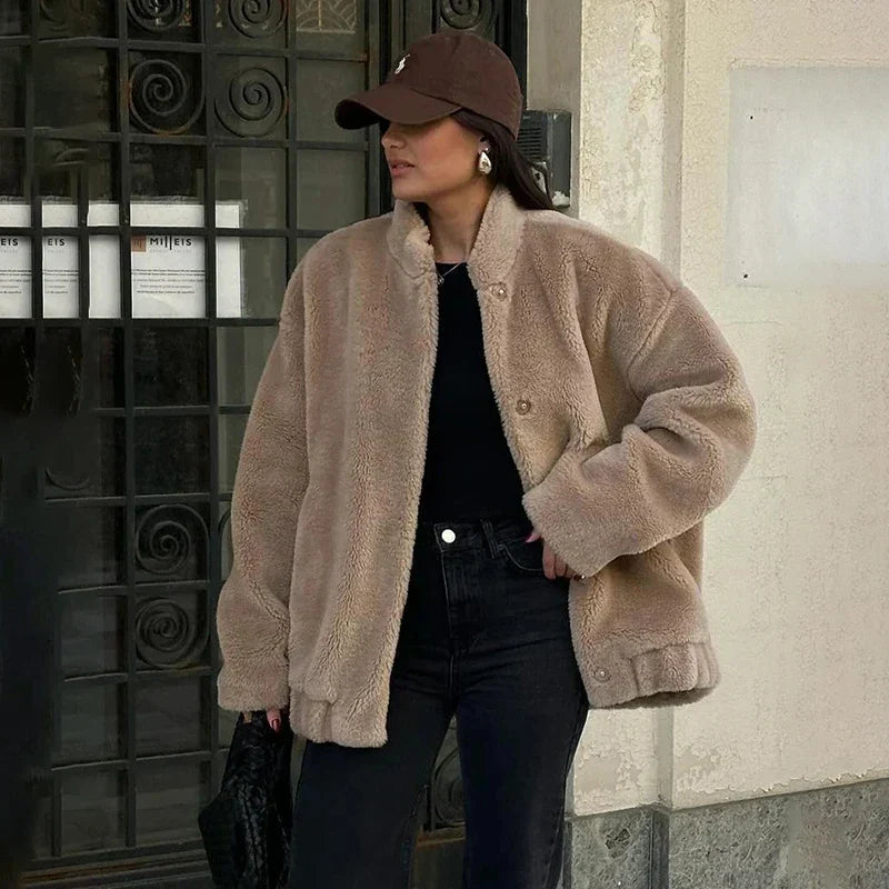 Adelaide – Teddy Faux Fur Coat with Drop Shoulder Drape for Women – view 5