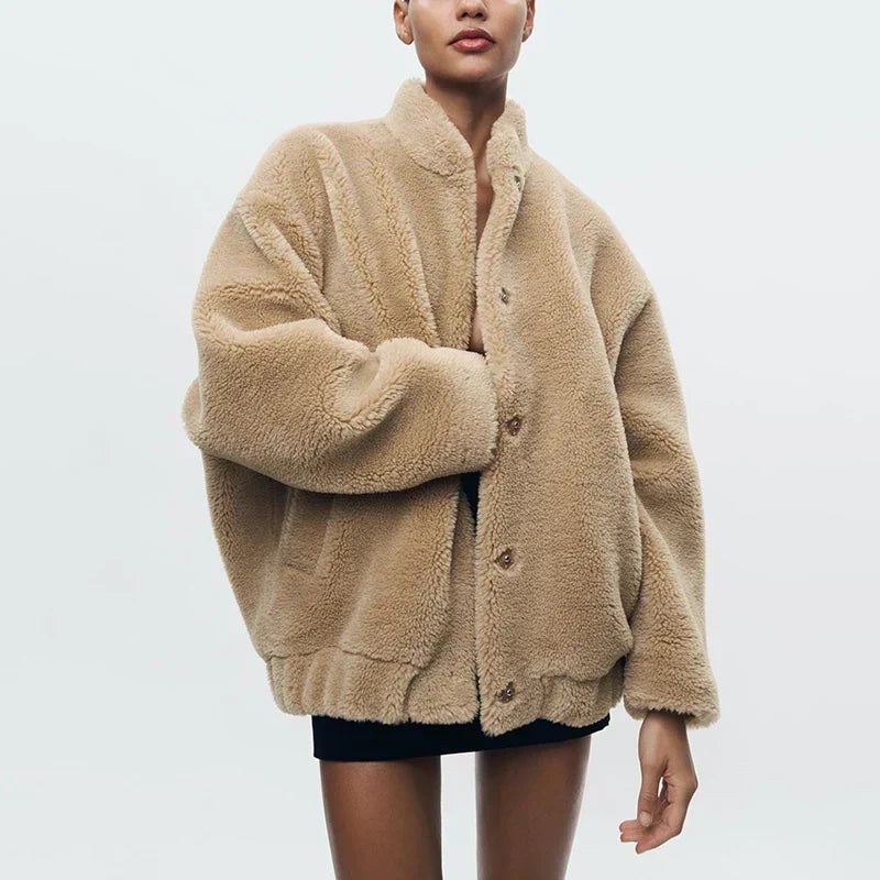 Adelaide – Teddy Faux Fur Coat with Drop Shoulder Drape for Women – view 6