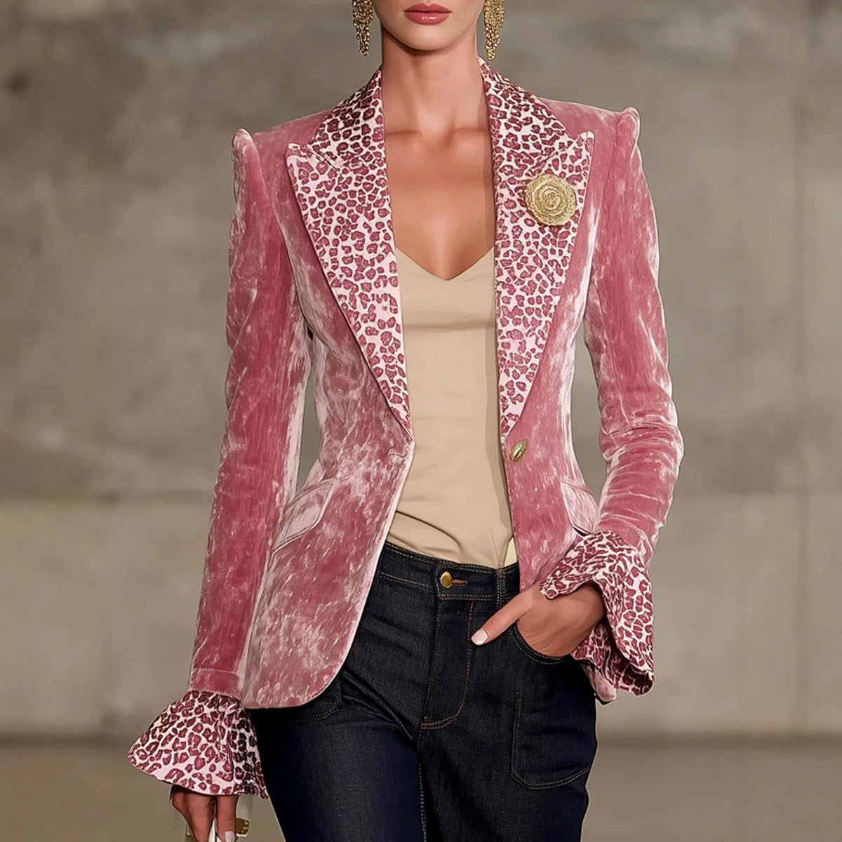 Aida - Women's Velvet Leopard Trim Statement Blazer