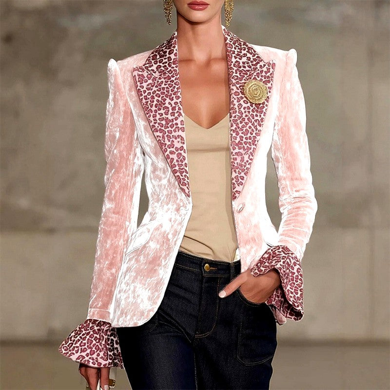 Aida - Women's Velvet Leopard Trim Statement Blazer – view 2