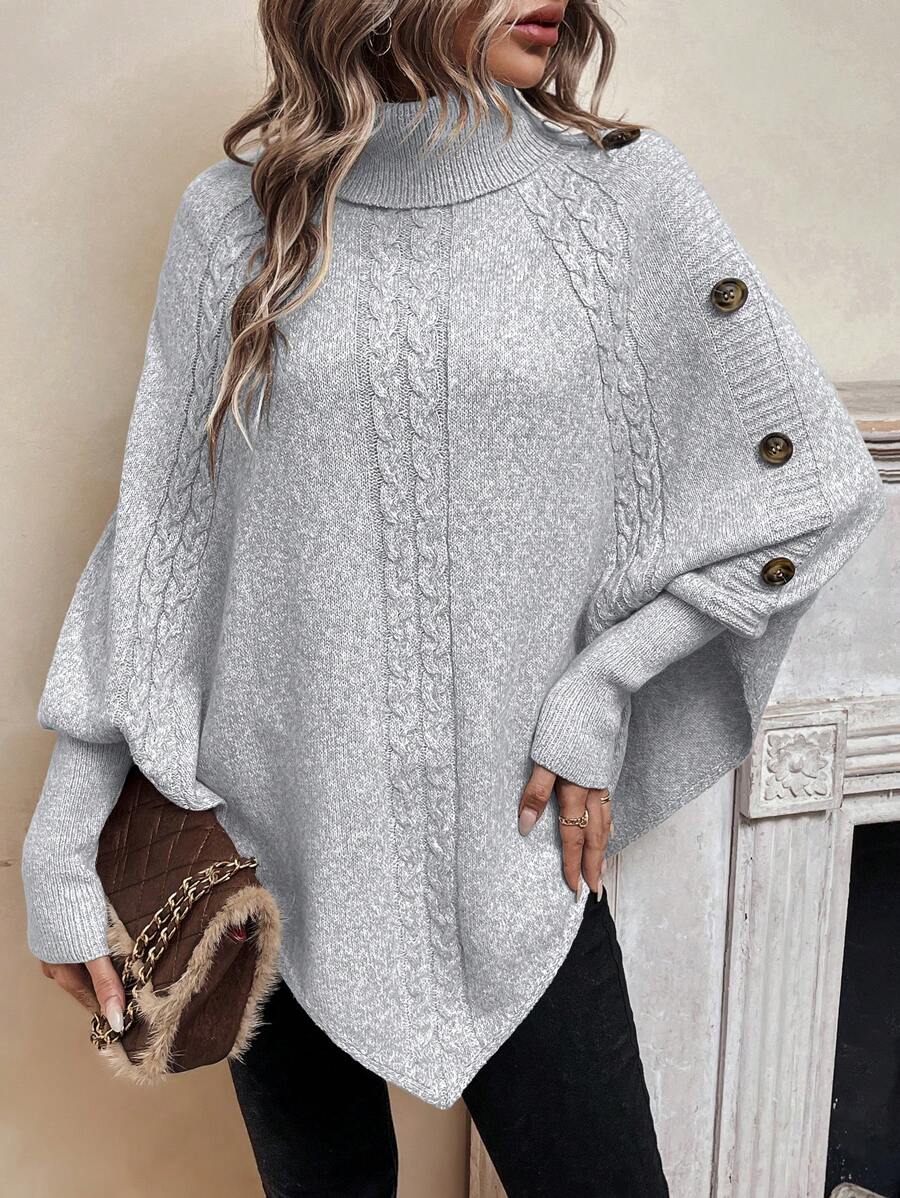 Alexis – High Neck Batwing Poncho Sweater, Asymmetrical Cable Knit Pullover – view 10