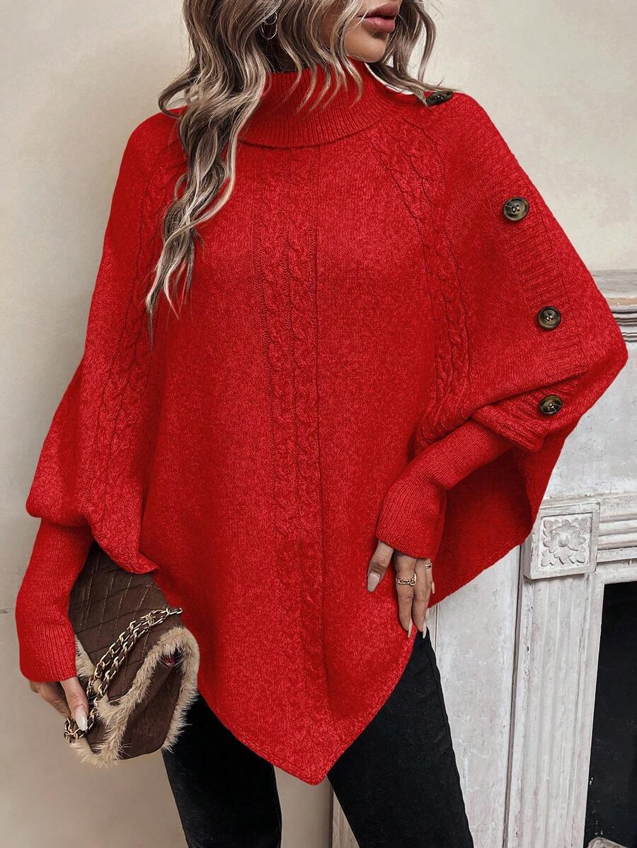 Alexis – High Neck Batwing Poncho Sweater, Asymmetrical Cable Knit Pullover – view 11