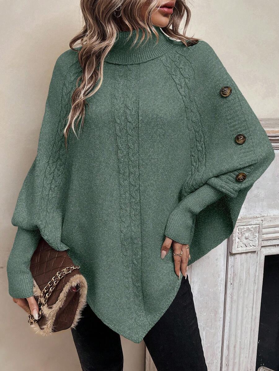 Alexis – High Neck Batwing Poncho Sweater, Asymmetrical Cable Knit Pullover – view 12