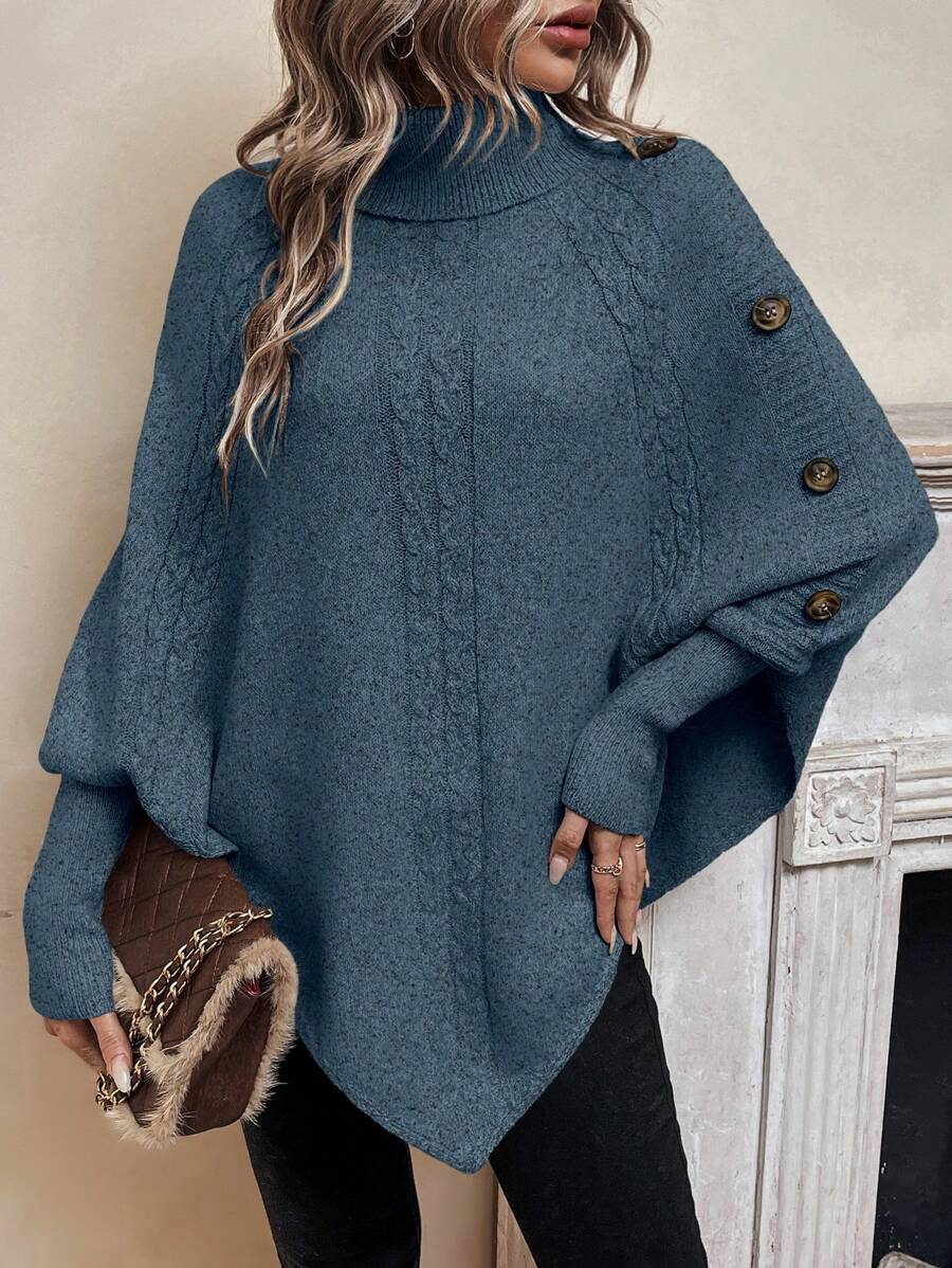 Alexis – High Neck Batwing Poncho Sweater, Asymmetrical Cable Knit Pullover – view 9