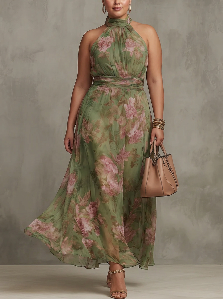 Amity – Green Floral Chiffon Halter Maxi Dress
