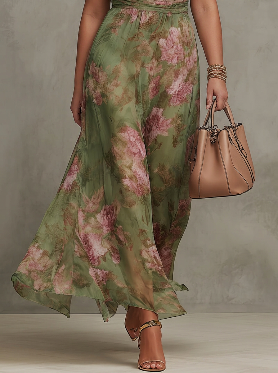 Amity – Green Floral Chiffon Halter Maxi Dress – view 4