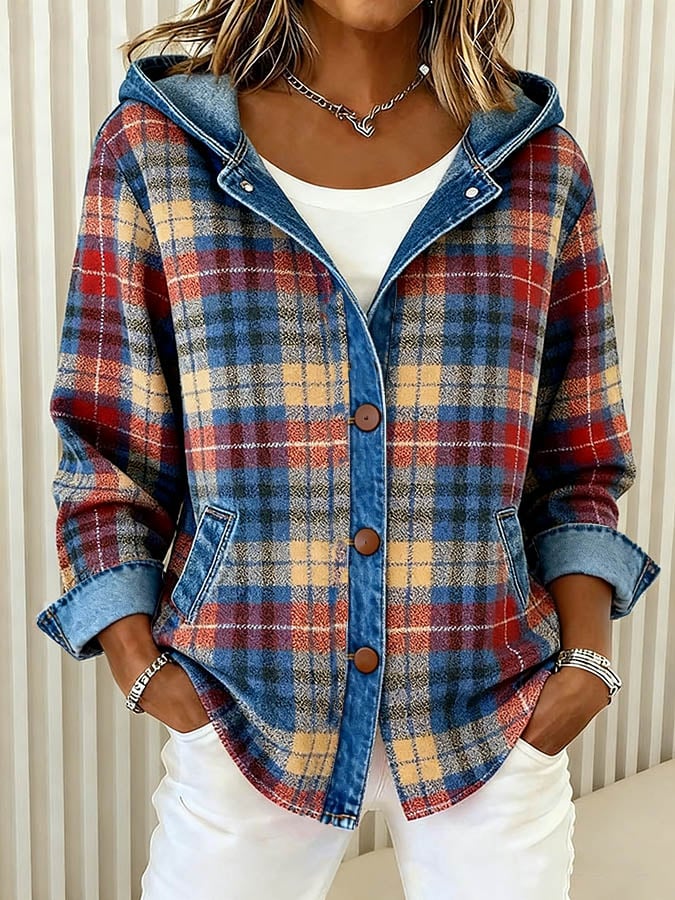 Nadrina | Hooded Denim Jacket with Check Panel Contrast for Women