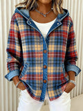 Nadrina | Hooded Denim Jacket with Check Panel Contrast for Women