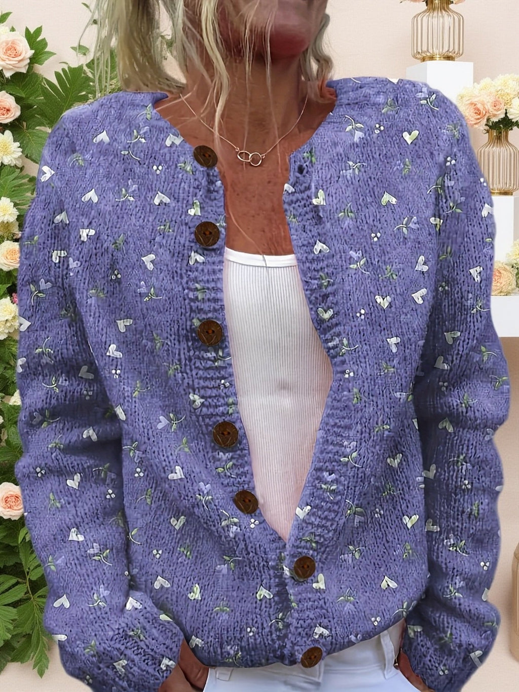 Ines Button Front Round Neck Cardigan - front view