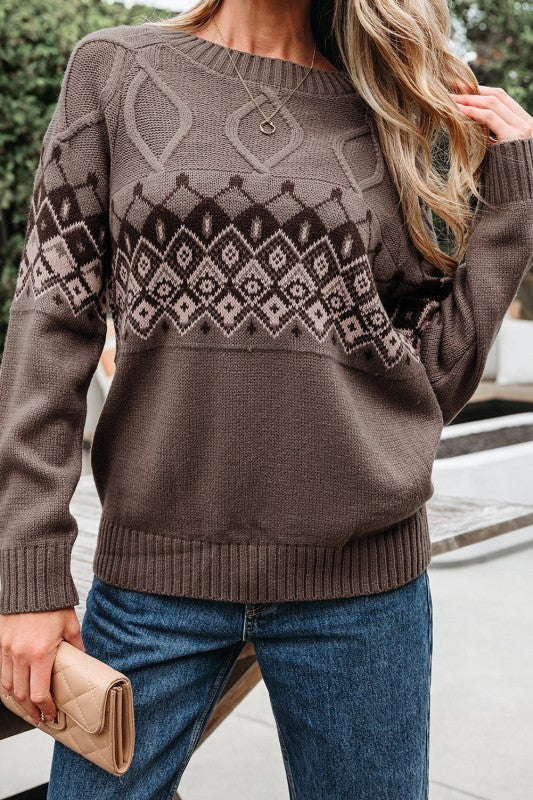 Alana | Crew Neck Knit Sweater with Patterned Yoke for Women