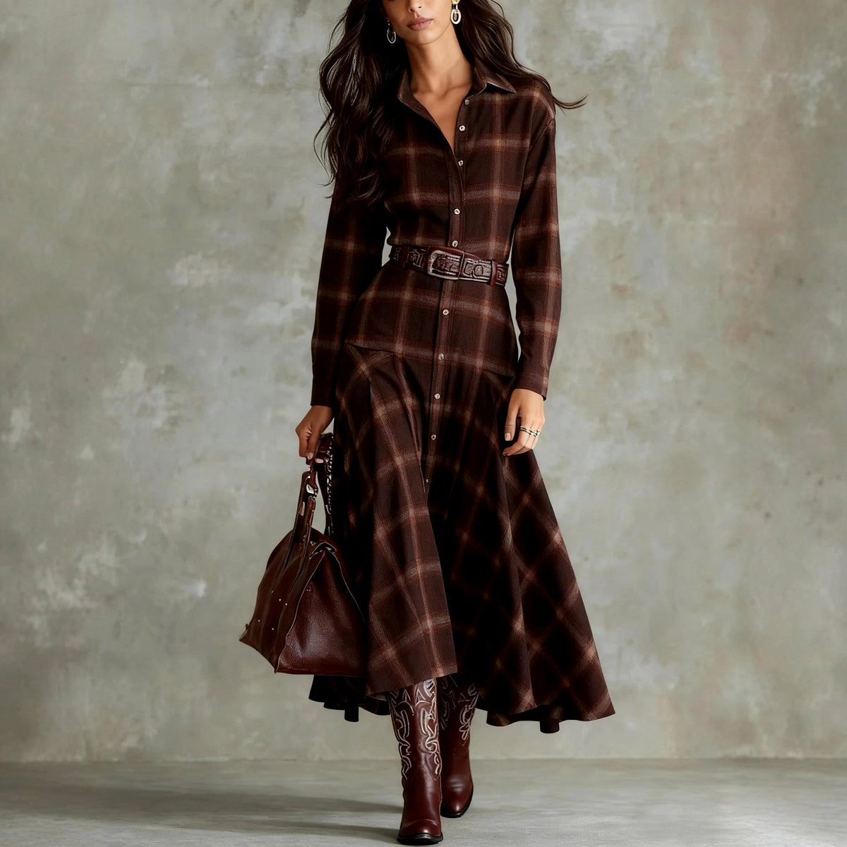 Beatrice - Women's Plaid Collared Shirt Maxi Dress