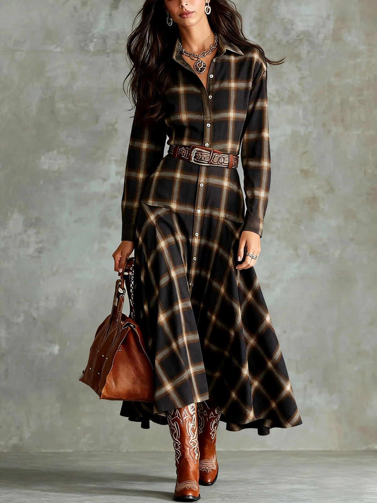Beatrice - Women's Plaid Collared Shirt Maxi Dress – view 2