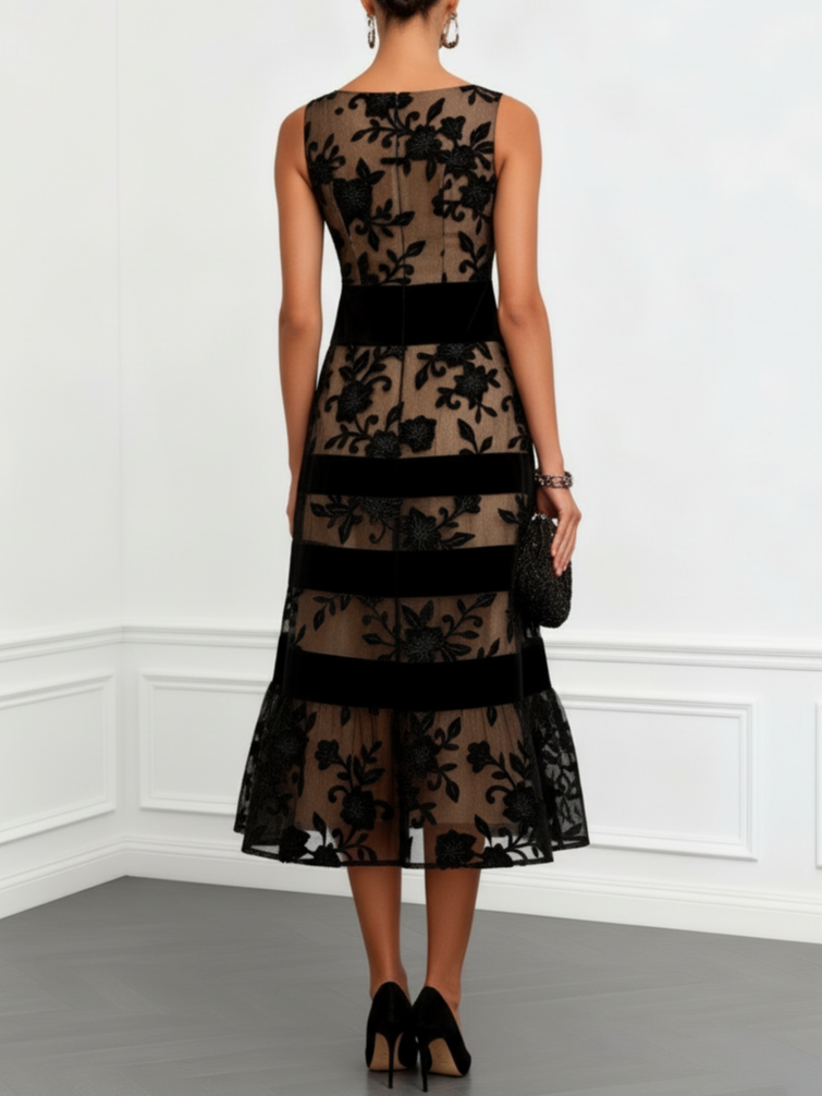 Black Mesh Floral Sleeveless A-Line Midi Dress – view 2