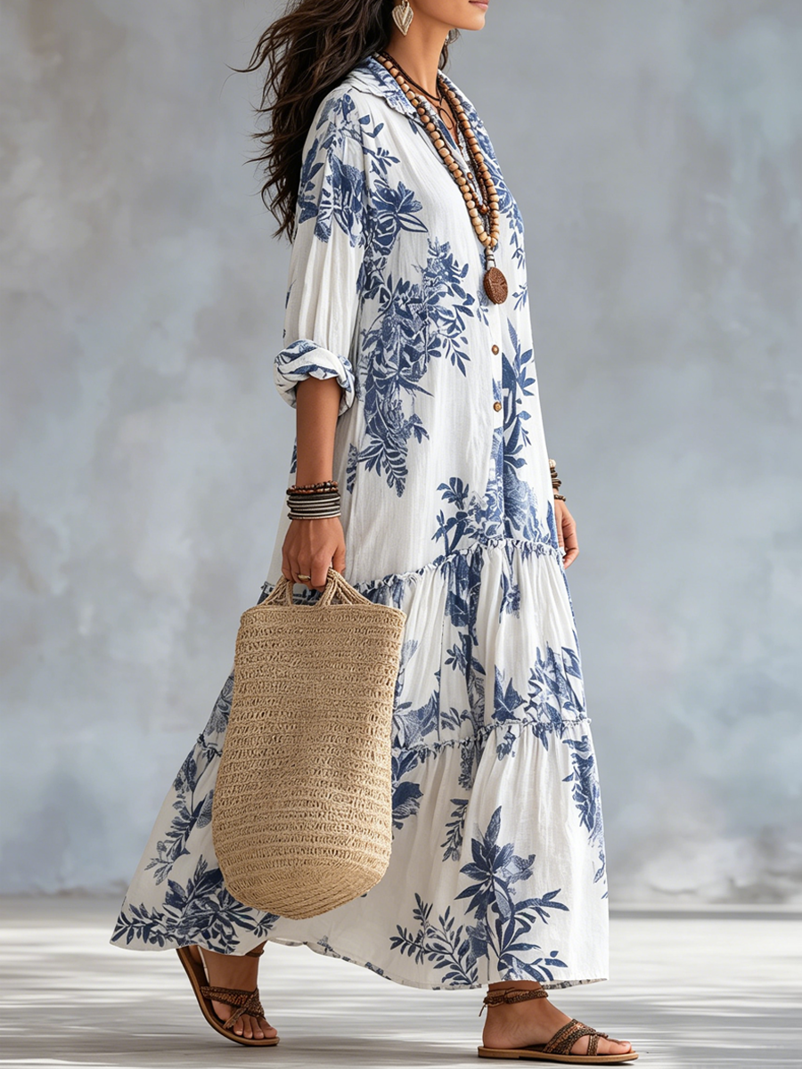 Bohemian Blue Floral Button-down Maxi Dress – view 5