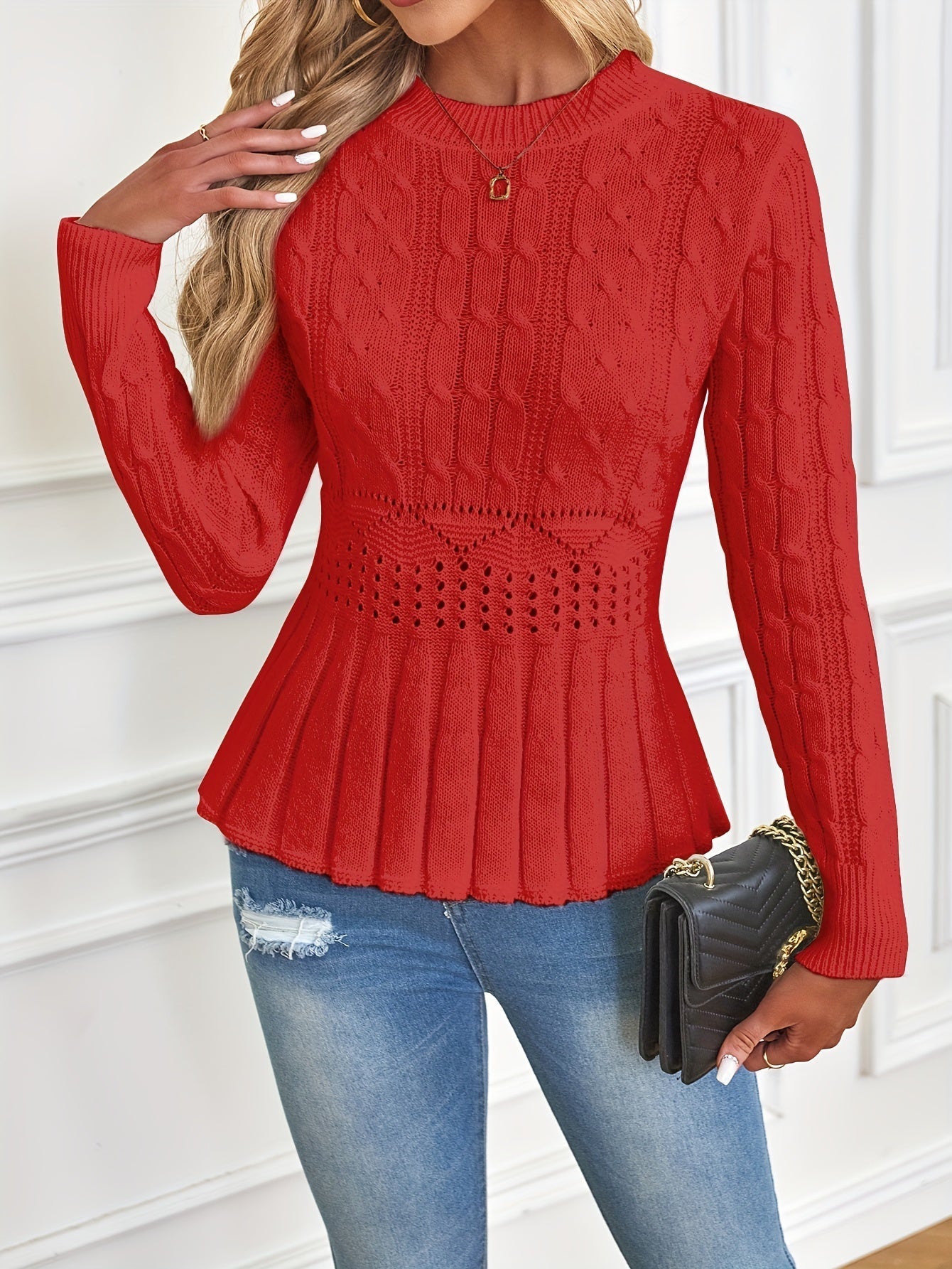 Manon Cable Knit Pointelle Peplum Sweater - front view