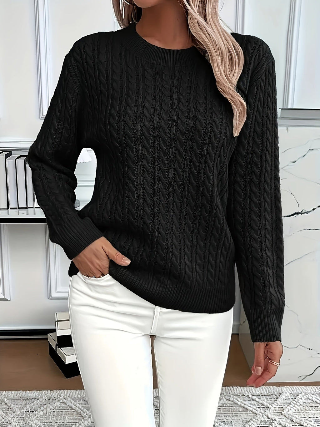 Aurore Cable Knit Ribbed Round Neck Sweater - view 6