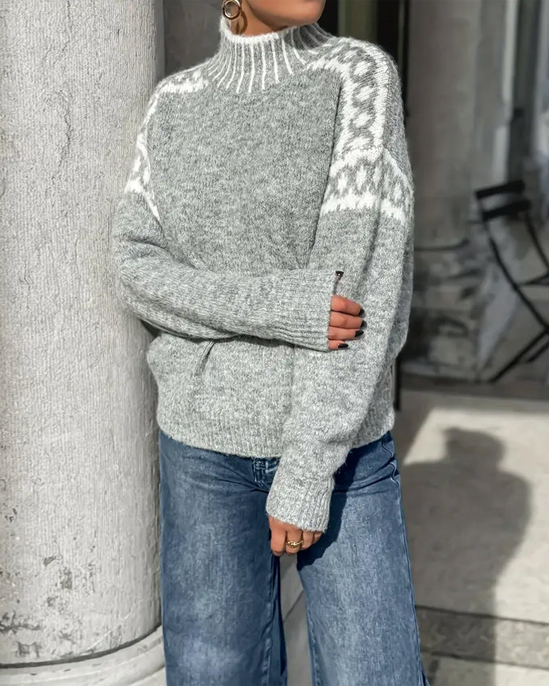 Women's Nordic Pattern Jumper with High Collar