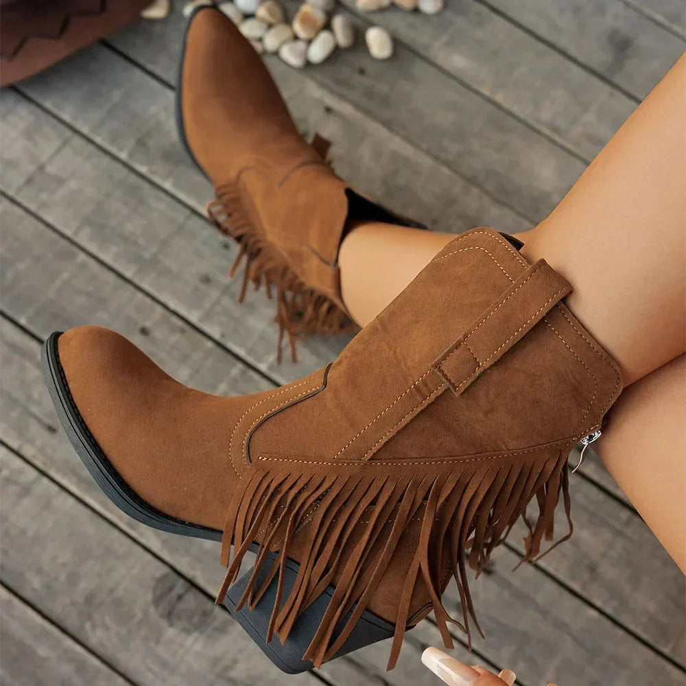 Beatrix Fringed Western Block Heel Boots - front view