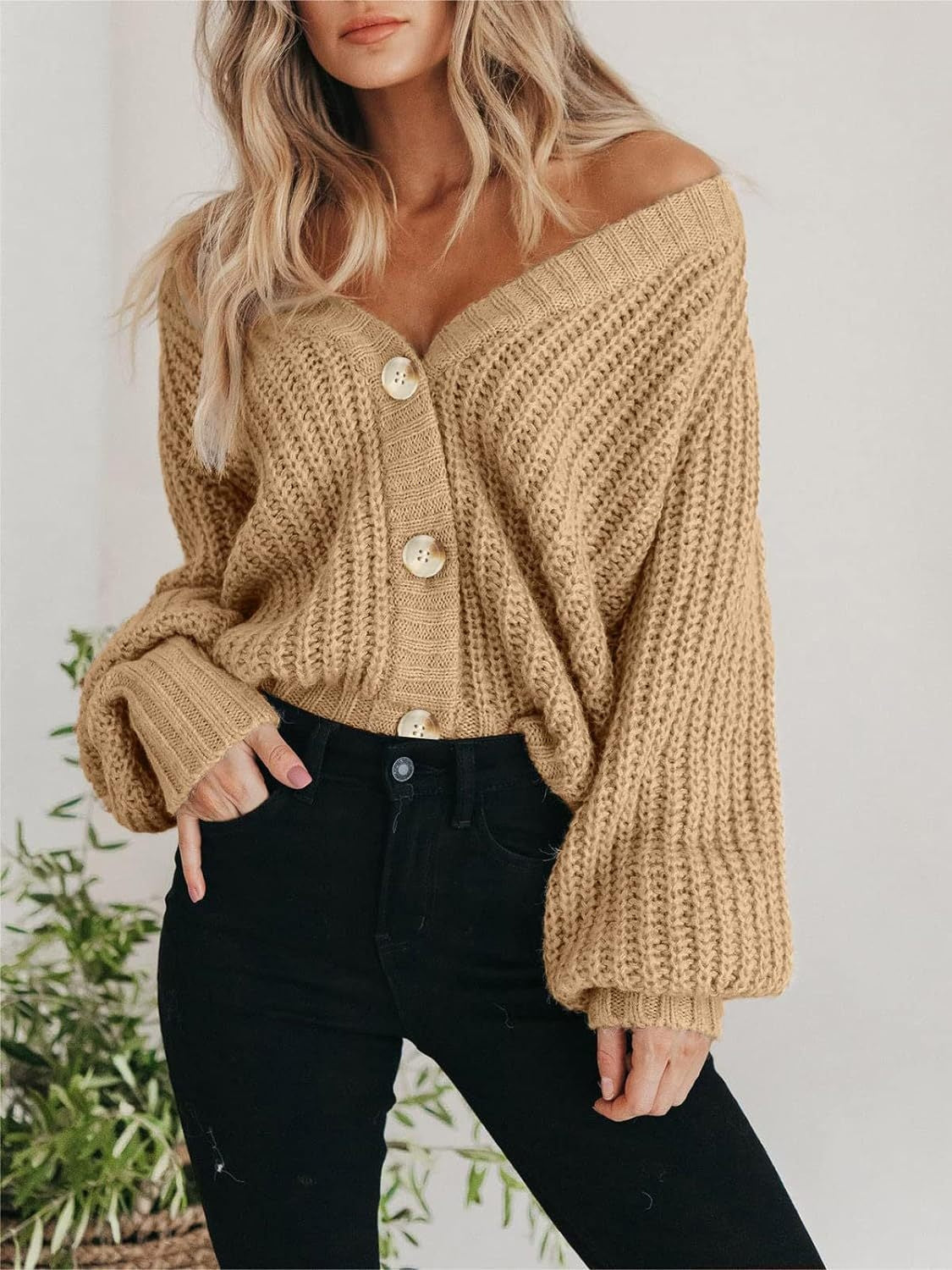 Cassandra – Chunky Knit Cardigan with Deep V Neck and Buttons for Women – view 4