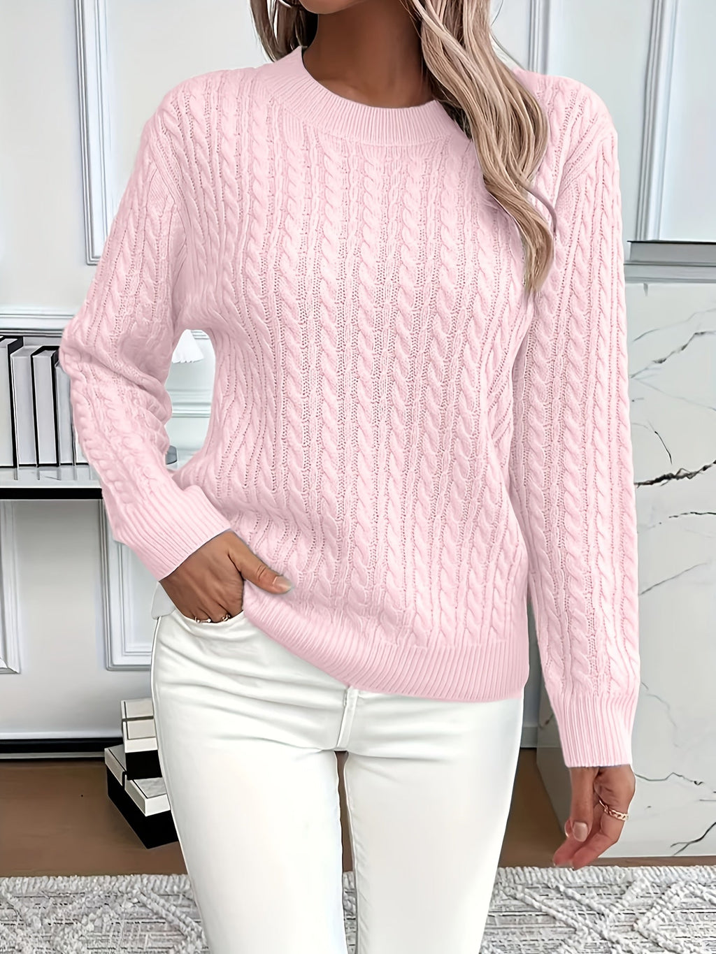 Aurore Cable Knit Ribbed Round Neck Sweater - view 12
