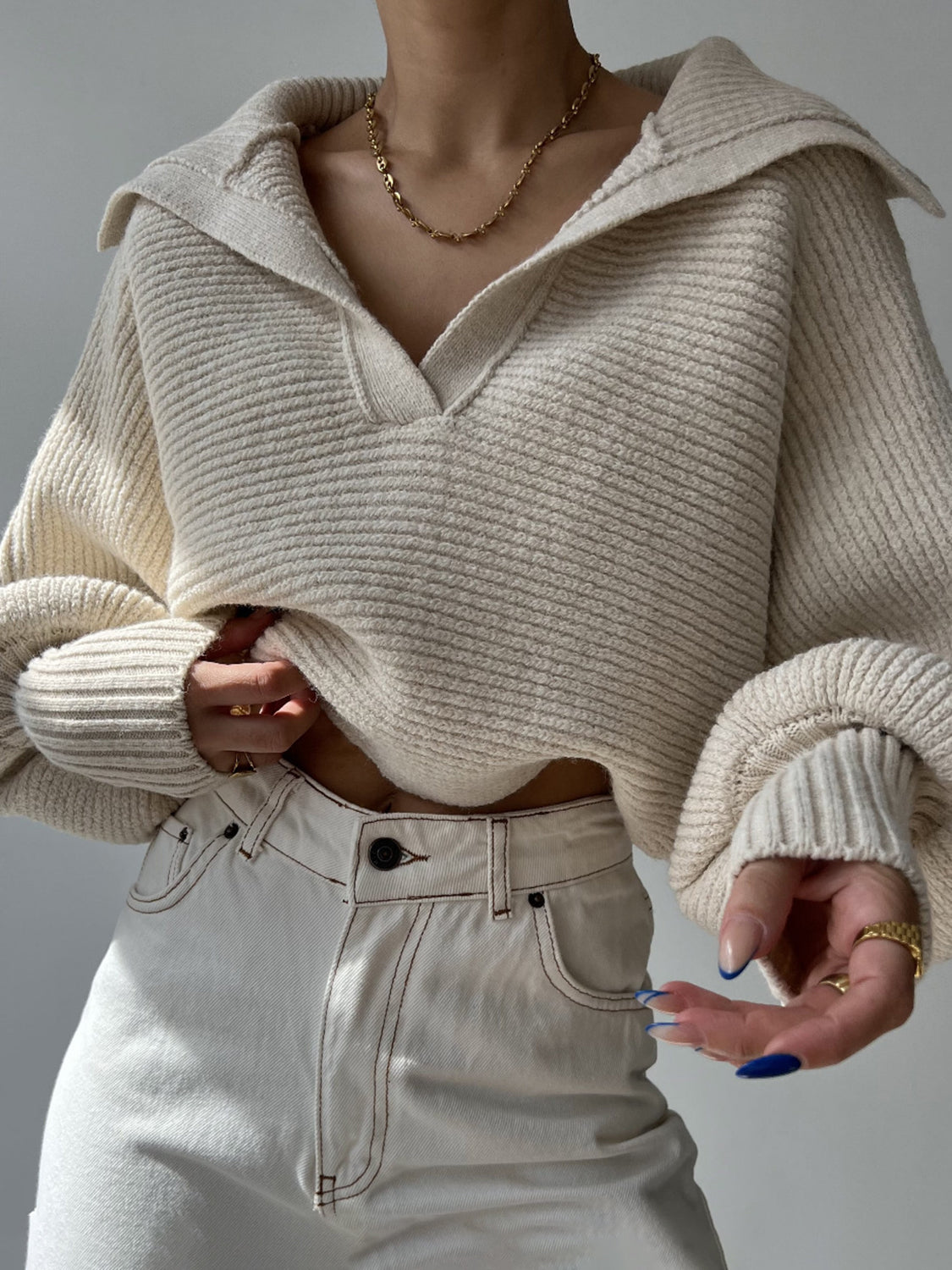 Jane | Ribbed Polo Sweater with Split Collar and Wide Cuffs for Women