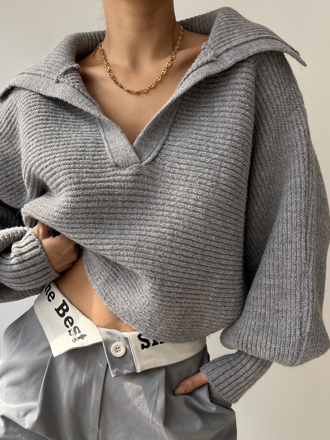Jane | Ribbed Polo Sweater with Split Collar and Wide Cuffs for Women