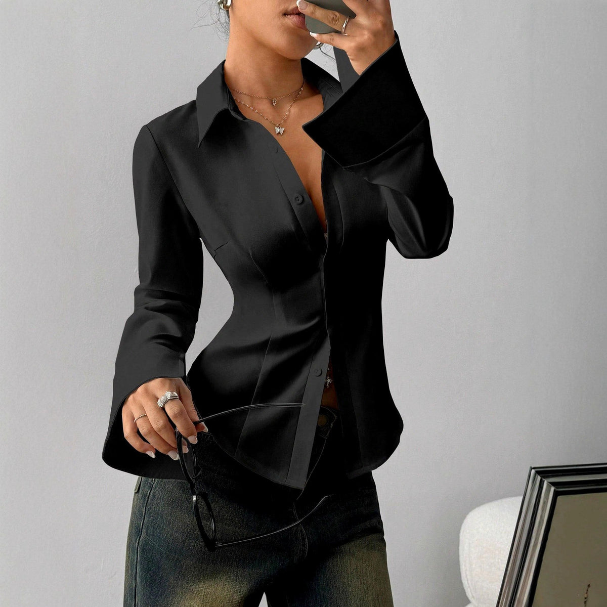 Claire - Women's Tailored Button-Down Flare Cuff Blouse – view 3
