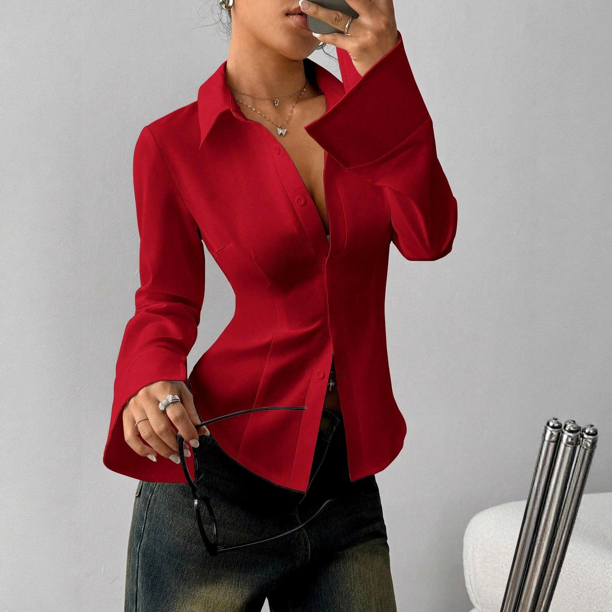 Claire - Women's Tailored Button-Down Flare Cuff Blouse – view 4