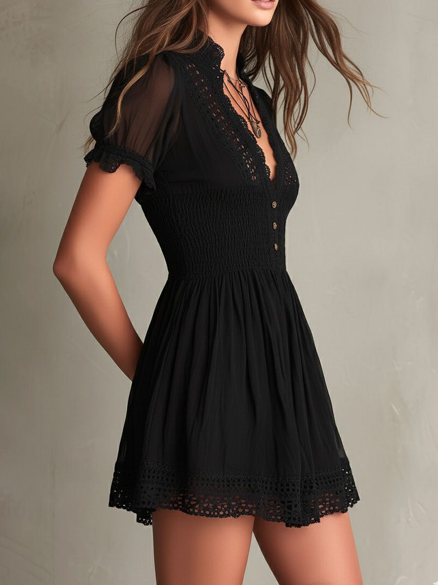 Classic Muse Smocked Lace-Trim Black  Mini Dress – view 4